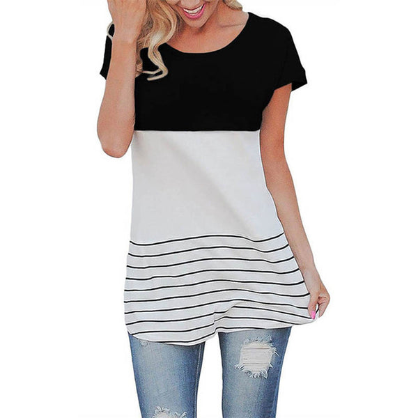 Fashion Women Summer Back Lace T-shirt Short Sleeve Stripes T-shirts Casual Tees Tops