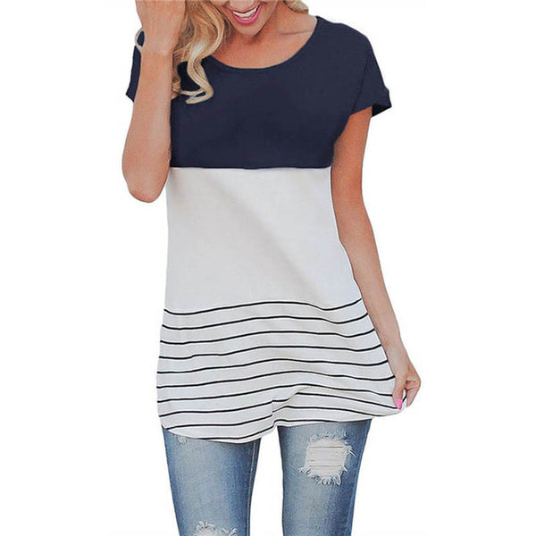 Fashion Women Summer Back Lace T-shirt Short Sleeve Stripes T-shirts Casual Tees Tops