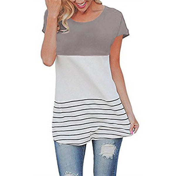 Fashion Women Summer Back Lace T-shirt Short Sleeve Stripes T-shirts Casual Tees Tops