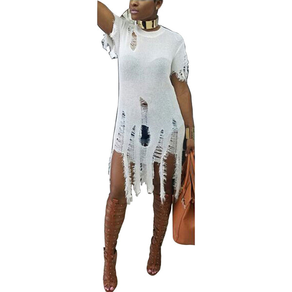 ComfortableLong Sweater Women Autumn Winter Short Sleeve Hole Tassel Hollow Thin Sweater Female Solid Loose Pullover