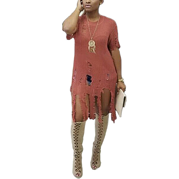 ComfortableLong Sweater Women Autumn Winter Short Sleeve Hole Tassel Hollow Thin Sweater Female Solid Loose Pullover
