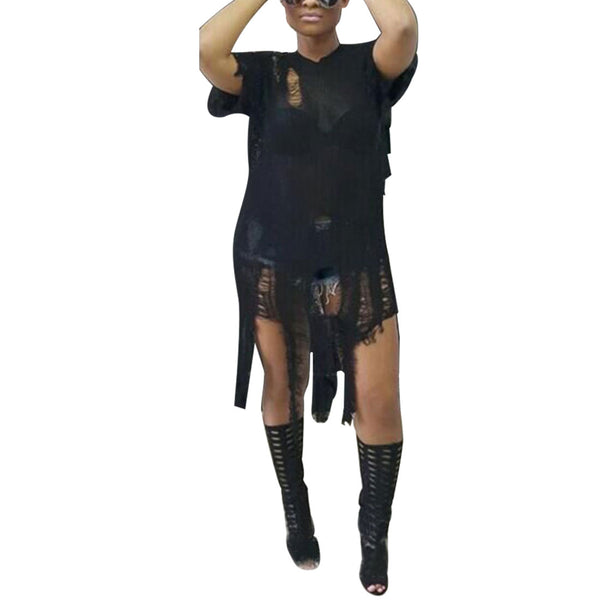ComfortableLong Sweater Women Autumn Winter Short Sleeve Hole Tassel Hollow Thin Sweater Female Solid Loose Pullover
