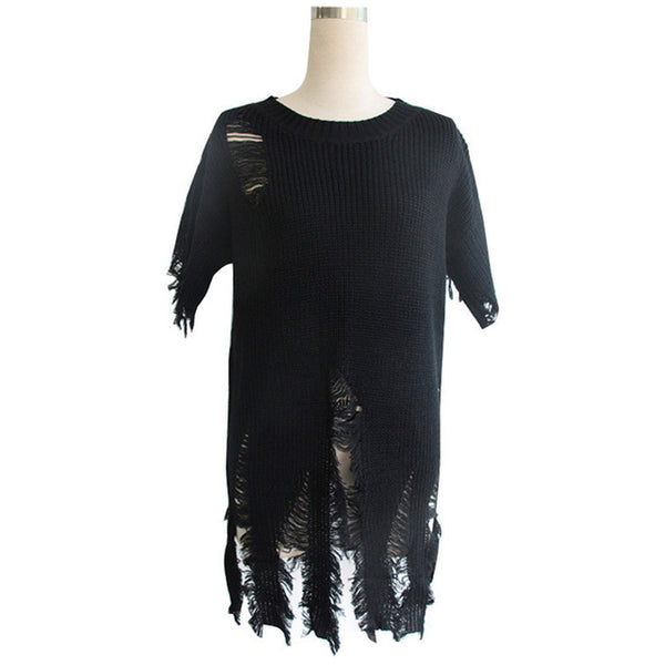 ComfortableLong Sweater Women Autumn Winter Short Sleeve Hole Tassel Hollow Thin Sweater Female Solid Loose Pullover