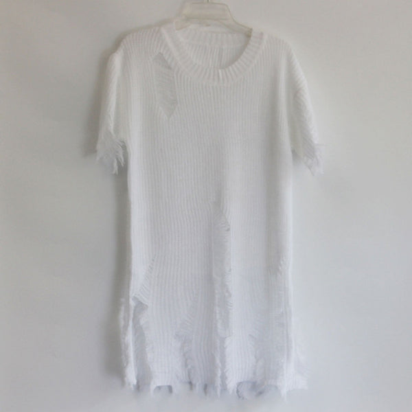 ComfortableLong Sweater Women Autumn Winter Short Sleeve Hole Tassel Hollow Thin Sweater Female Solid Loose Pullover