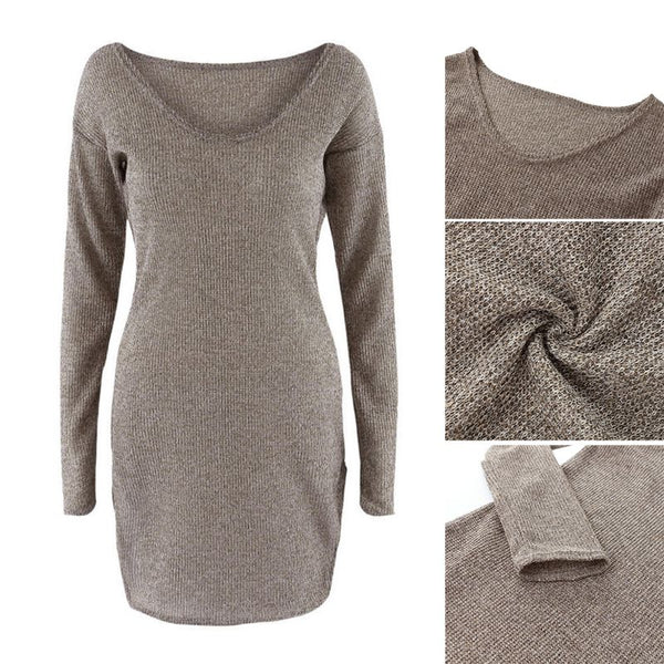 Sexy Long Sleeve V Neck Club Women Dress Slim Bodycon Knitted Sweater Knee-Length Party Night Dresses