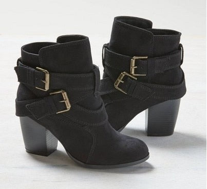 Autumn Winter Women Casual Suede Leather Ankle High Heel Buckle Boots