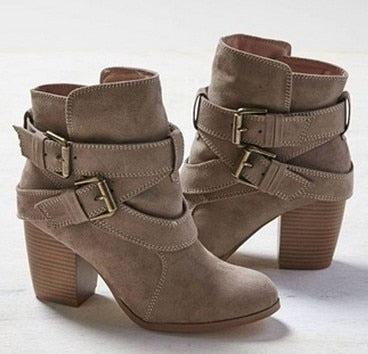Autumn Winter Women Casual Suede Leather Ankle High Heel Buckle Boots