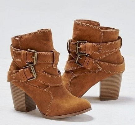 Autumn Winter Women Casual Suede Leather Ankle High Heel Buckle Boots