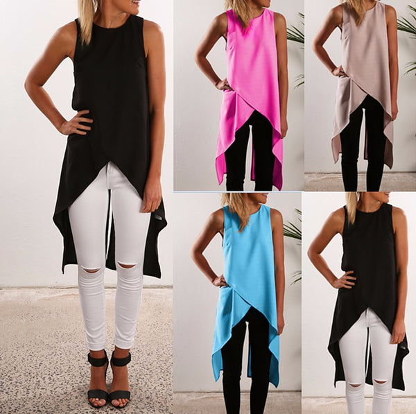 Summer Blouses Off Shoulder Tops Long Women's Shirts Causal Sleeveless O-Neck Chiffon Blouse Vintage Lady Shirt