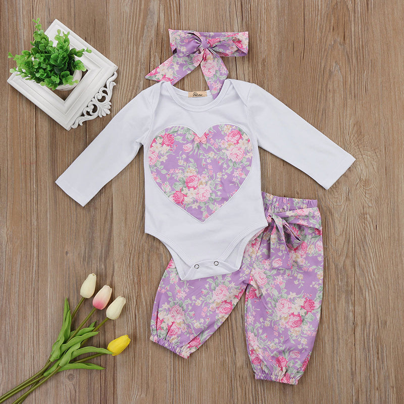 Lovely Newborn Baby Girl Clothing Set Long Sleeve Heart Romper Tops+Purple Floral Long Pant Headband 3PCS Kids Clothing Set