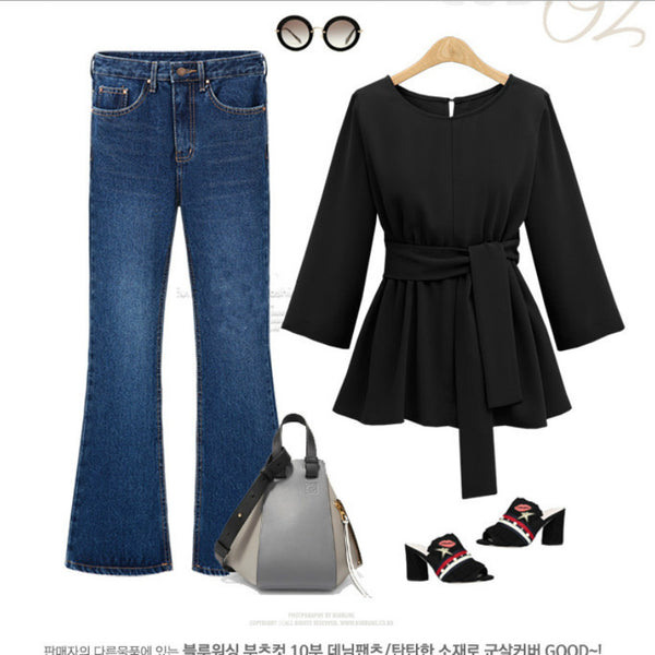 Chiffon Shirt Women Blouses Bow Peplum Autumn 3/4Sleeve Women Blouse