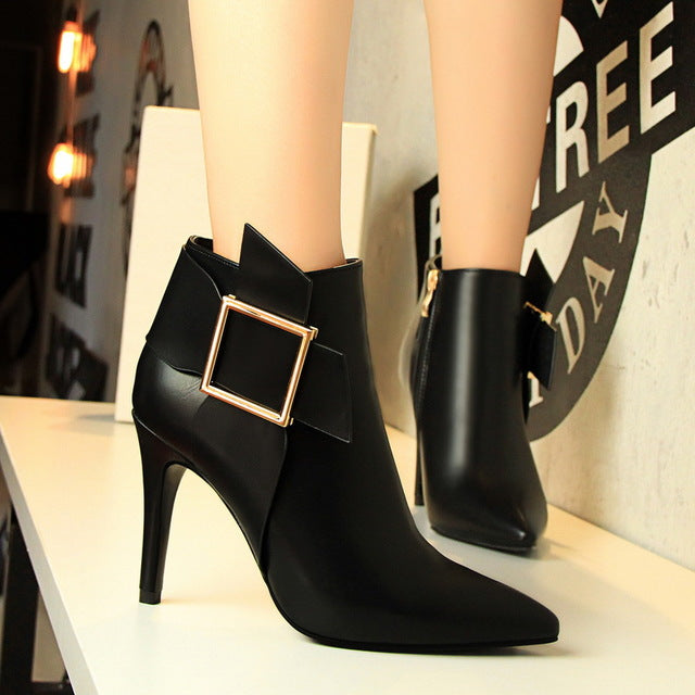 Black Patent Pointed Block Heel Ankle Boots | New Look