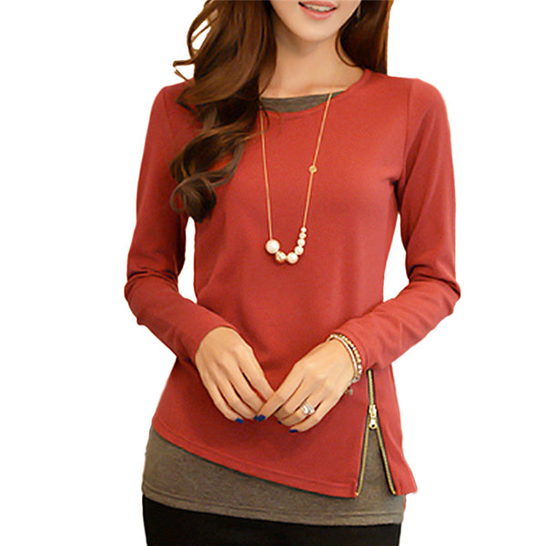 Casual Long Sleeve T-shirt Women Autumn Side Zipper T shirt Fashion Office Ladies Tops Tunic S-2XL