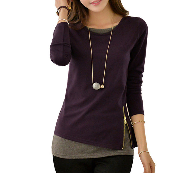 Casual Long Sleeve T-shirt Women Autumn Side Zipper T shirt Fashion Office Ladies Tops Tunic S-2XL