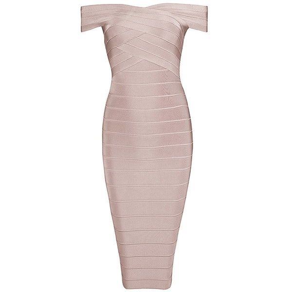Sexy Off Shoulder Women Bandage Dress Elegant Slash Neck Knee Length Bodycon Backless Party Dress