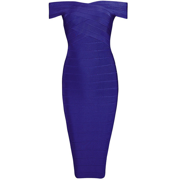 Sexy Off Shoulder Women Bandage Dress Elegant Slash Neck Knee Length Bodycon Backless Party Dress
