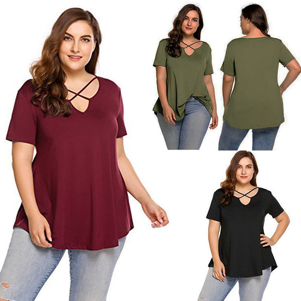 Womens Casual V-neck Chiffon Short Sleeve Top Blouse Plus Size Womens Loose Blouses Tops Large Size L-4XL