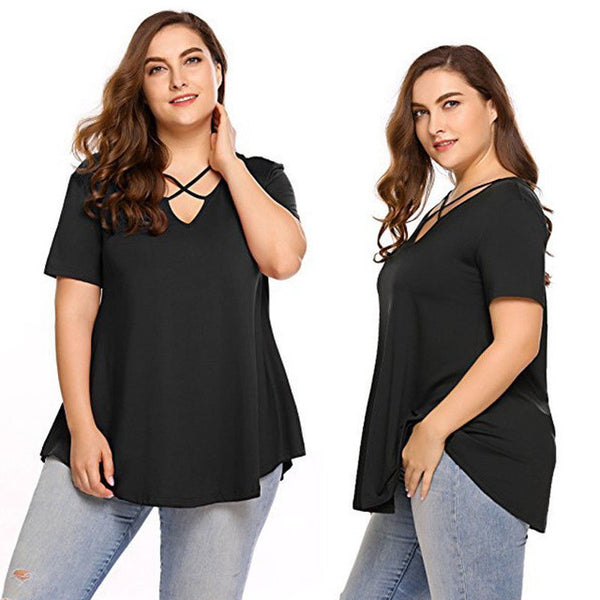 Womens Casual V-neck Chiffon Short Sleeve Top Blouse Plus Size Womens Loose Blouses Tops Large Size L-4XL