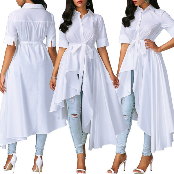 Women Short Sleeve Turn Down Collar Hi Low Shirt Dress Casual White Plus Size Bandage Big Swing Party Dress