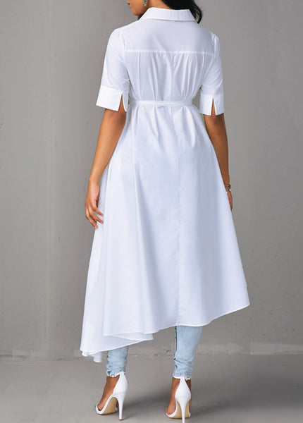 Women Short Sleeve Turn Down Collar Hi Low Shirt Dress Casual White Plus Size Bandage Big Swing Party Dress