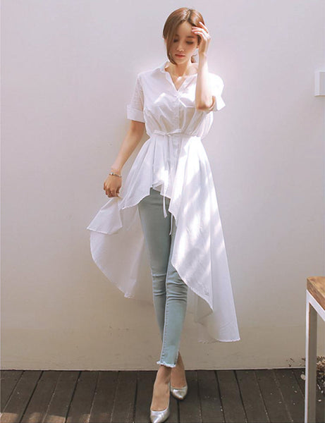 Women Short Sleeve Turn Down Collar Hi Low Shirt Dress Casual White Plus Size Bandage Big Swing Party Dress