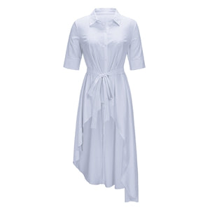 Women Short Sleeve Turn Down Collar Hi Low Shirt Dress Casual White Plus Size Bandage Big Swing Party Dress
