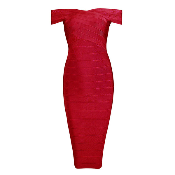 Sexy Off Shoulder Women Bandage Dress Elegant Slash Neck Knee Length Bodycon Backless Party Dress
