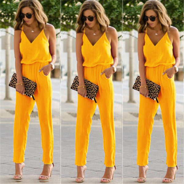 High Street Summer Vacation Fashion Casual Women Sexy Strap V Neck Solid Empire Slim Sleeveless Bodycon Jumpsuit Romper Trousers