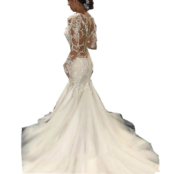 African Vintage Long Sleeves Mermaid Lace Wedding Dress Bride Dress