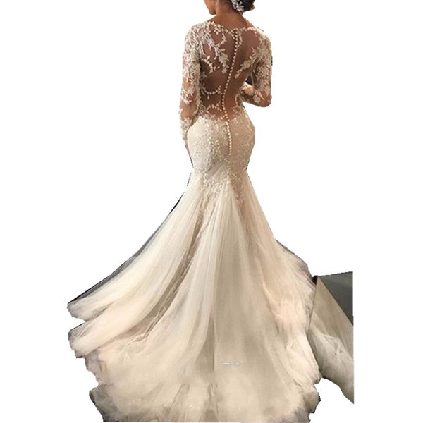 African Vintage Long Sleeves Mermaid Lace Wedding Dress Bride Dress