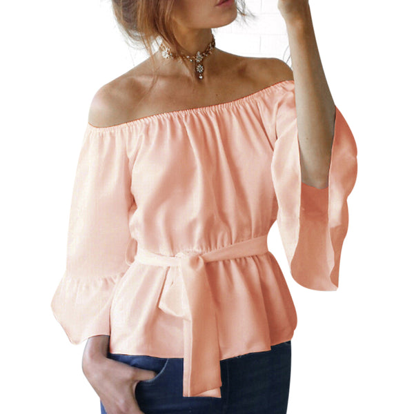 Sexy Womens Off Shoulder Blouse Shirt Summer Tops Casual Stretch Flare Sleeve Shirts Front Tie Female Blouses White Black Pink