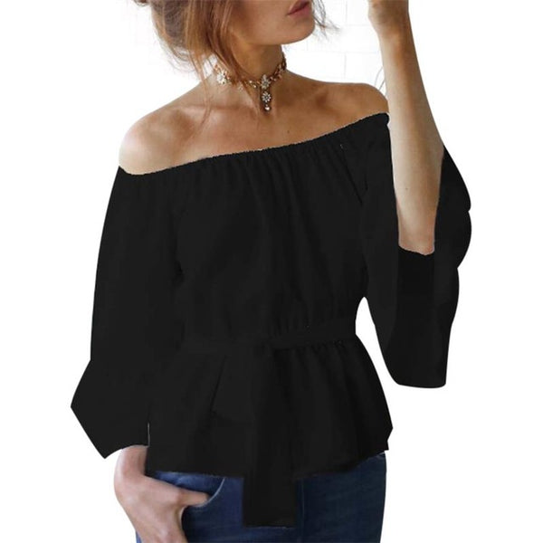 Sexy Womens Off Shoulder Blouse Shirt Summer Tops Casual Stretch Flare Sleeve Shirts Front Tie Female Blouses White Black Pink
