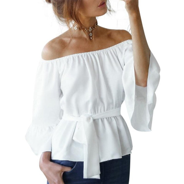 Sexy Womens Off Shoulder Blouse Shirt Summer Tops Casual Stretch Flare Sleeve Shirts Front Tie Female Blouses White Black Pink