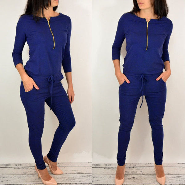 Women Long Sleeve  Mid Waist Black Gray Cotton Thin  Zipper Casual Jumpsuit Romper