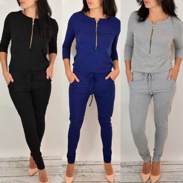 Women Long Sleeve  Mid Waist Black Gray Cotton Thin  Zipper Casual Jumpsuit Romper