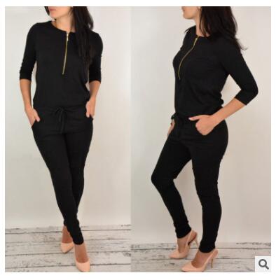 Women Long Sleeve  Mid Waist Black Gray Cotton Thin  Zipper Casual Jumpsuit Romper