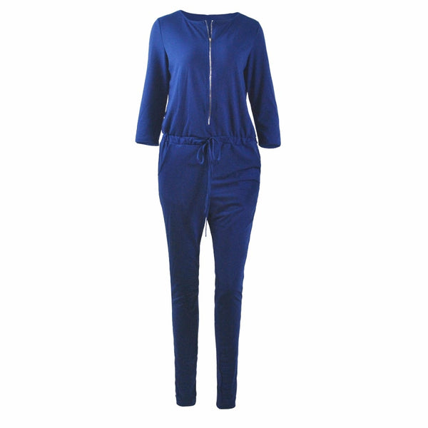 Women Long Sleeve  Mid Waist Black Gray Cotton Thin  Zipper Casual Jumpsuit Romper