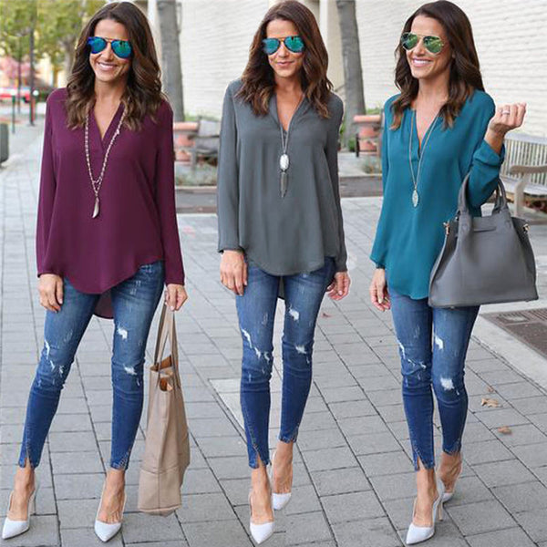 Deep V Neck Chiffon Blouse Shirt Loose Casual Fall Blouses Women Long Sleeve Button Back Asymmetric Tops