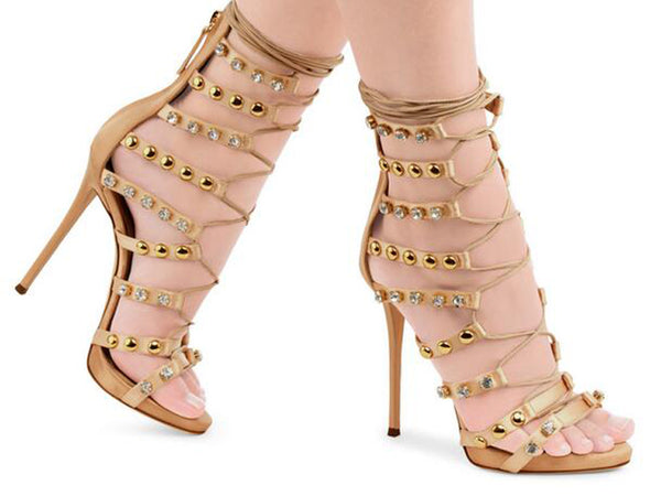 Women Fashion Open Toe Strap Cross High Heel Sandals Cut-out Rhinestone Rivet Gladiator Sandals Dress Shoes