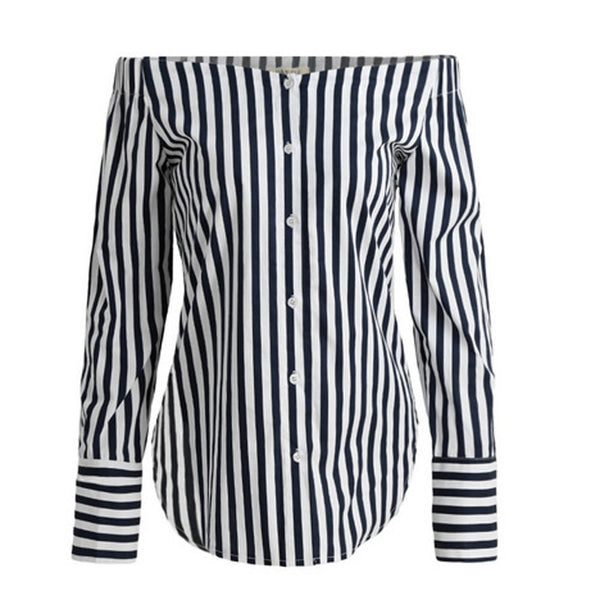 Fashion Women Sexy Tops Off Shoulder Long Sleeve Vertical Stripe Shirt Vintage Ladies Loose Casual Blouse