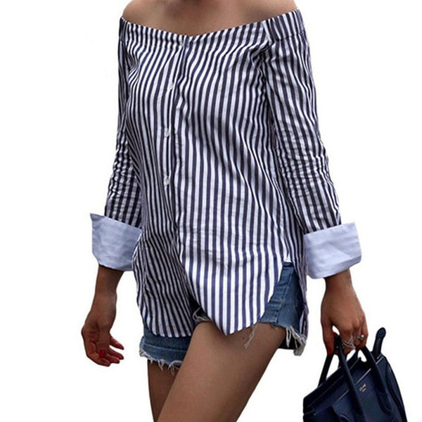 Fashion Women Sexy Tops Off Shoulder Long Sleeve Vertical Stripe Shirt Vintage Ladies Loose Casual Blouse