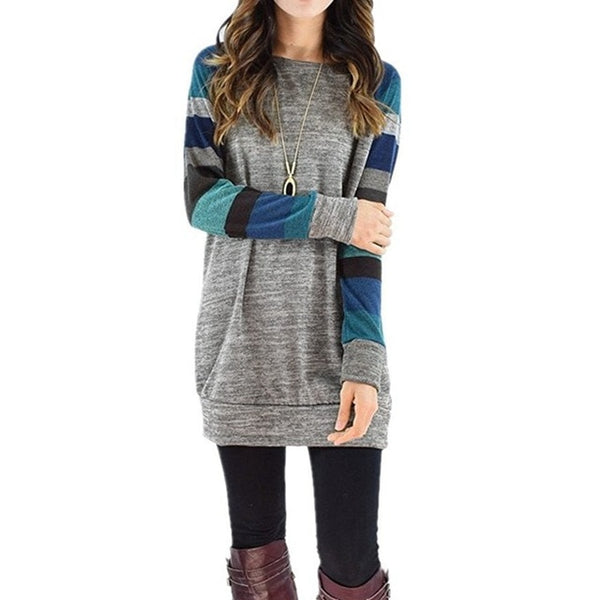 Women Long Sleeve O Neck Striped Patchwork T-Shirt Casual Loose Soft Warm Sweater