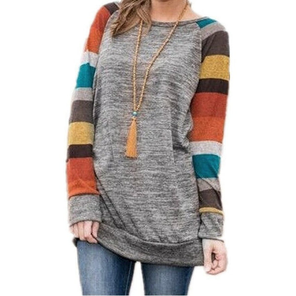 Women Long Sleeve O Neck Striped Patchwork T-Shirt Casual Loose Soft Warm Sweater