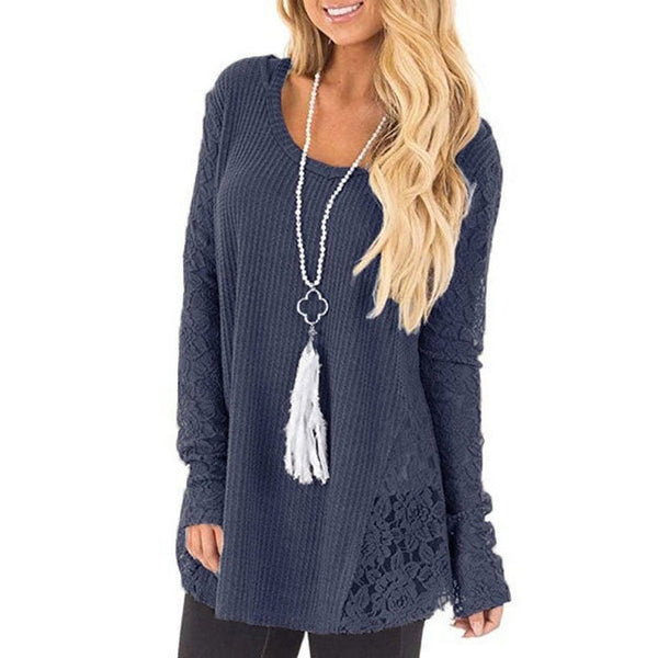 Women's Sweater Lace Hollow Fashion Long Sleeve Sweater O-Neck Lace Patchwork Casual Loose Sweater