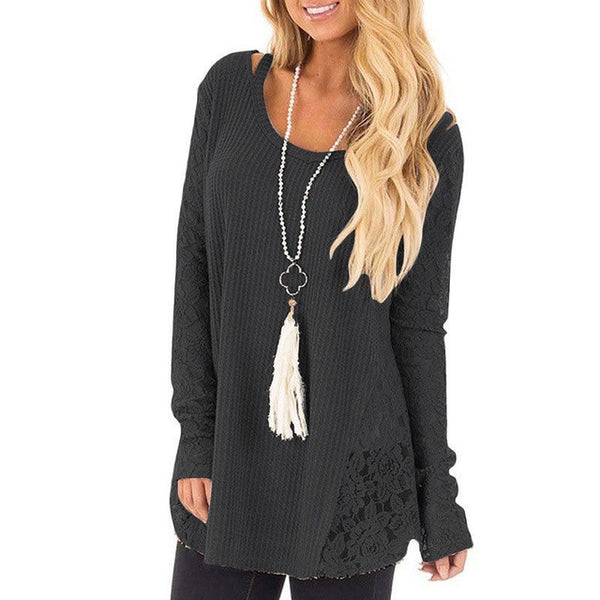 Women's Sweater Lace Hollow Fashion Long Sleeve Sweater O-Neck Lace Patchwork Casual Loose Sweater