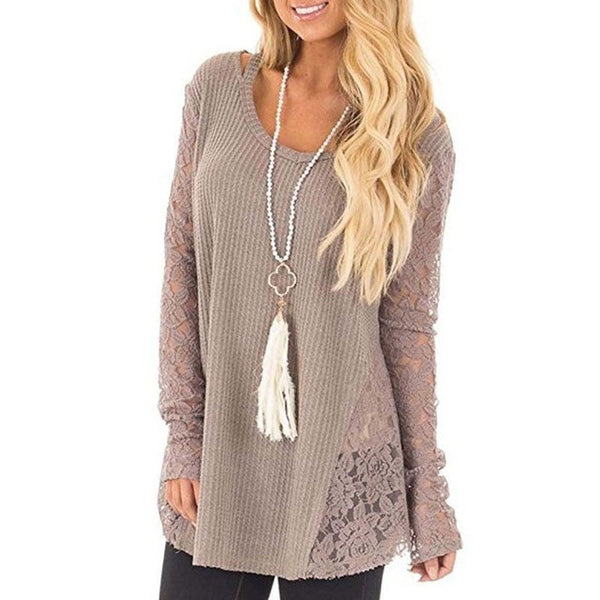 Women's Sweater Lace Hollow Fashion Long Sleeve Sweater O-Neck Lace Patchwork Casual Loose Sweater