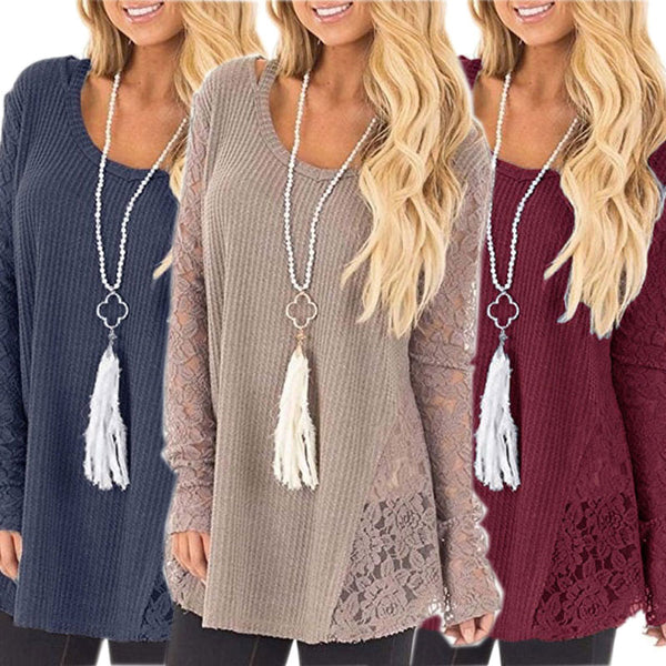 Women's Sweater Lace Hollow Fashion Long Sleeve Sweater O-Neck Lace Patchwork Casual Loose Sweater