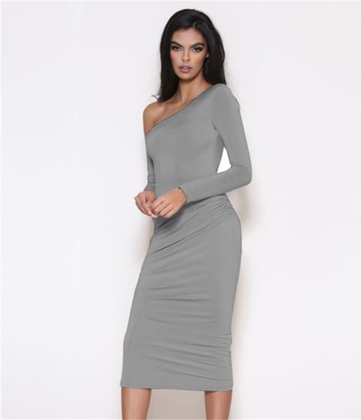 Asymmetrical Neck Off Shoulder Midi Body-con Women Long Sleeve Slim Sexy Pencil Party Dress