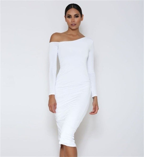 Asymmetrical Neck Off Shoulder Midi Body-con Women Long Sleeve Slim Sexy Pencil Party Dress
