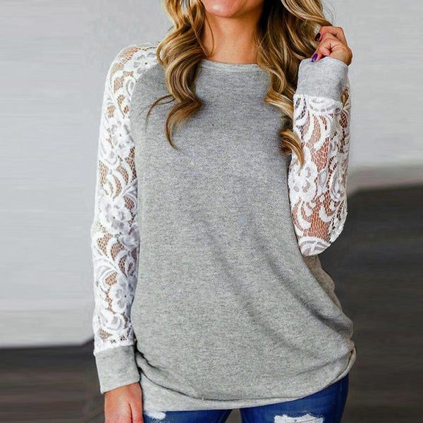 Women Sexy Causal Lace Floral Splicing Hollow Sleeve O-Neck Sweater Top